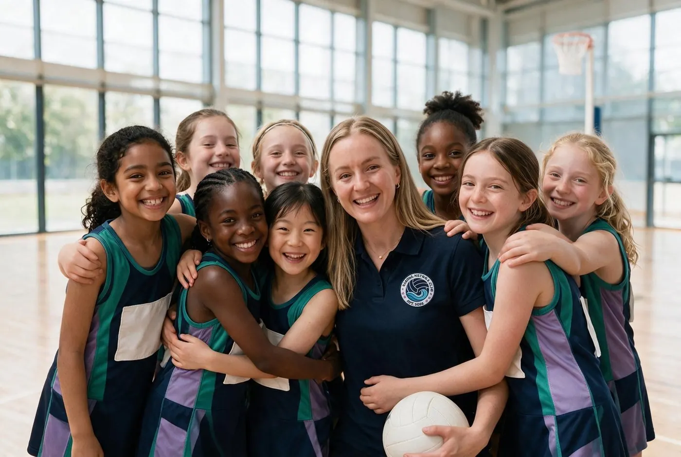 Smiling coach in a navy Sirens polo holding a netball, in a group hug with young players in club kit