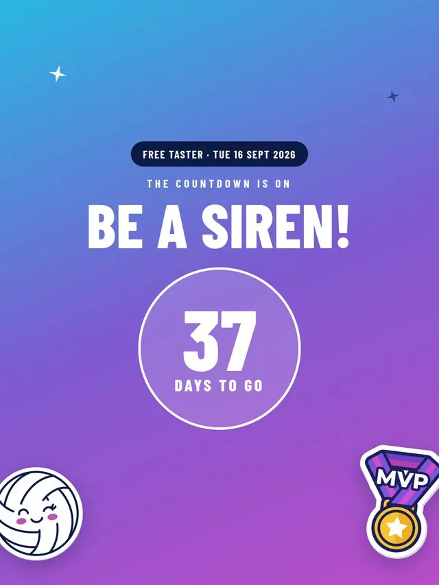Instagram post on a blue and purple gradient with the words Be a Siren! and netball and medal stickers